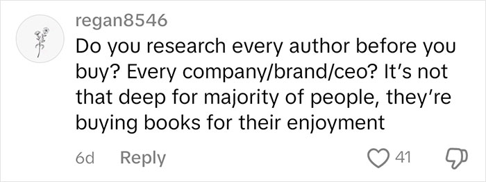 Comment questioning the judgment of book buyers based on authors, with a focus on personal enjoyment over scrutiny. Comment questioning the judgment of book buyers based on authors, with a focus on personal enjoyment over scrutiny.