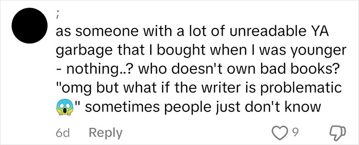 Comment discussing unreadable YA books and owning bad books with a shocked emoji. Comment discussing unreadable YA books and owning bad books with a shocked emoji.