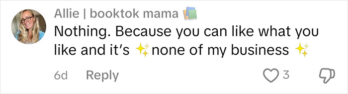 Comment by Allie, saying she doesn’t judge people for books they like, related to book judging discussion. Comment by Allie, saying she doesn’t judge people for books they like, related to book judging discussion.