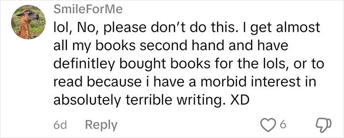 Comment about judging people based on books, from user debating second-hand book reasons. Comment about judging people based on books, from user debating second-hand book reasons.