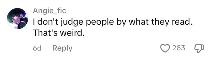 Social media comment discussing books and judgment, expressing a viewpoint against judging people by their book choices. Social media comment discussing books and judgment, expressing a viewpoint against judging people by their book choices.