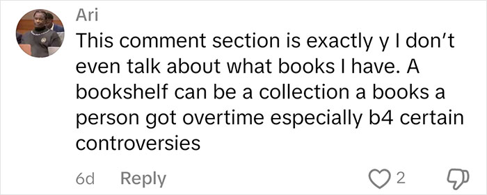 Comment on judging people by their books, mentions bookshelf as a personal collection reflecting past choices. Comment on judging people by their books, mentions bookshelf as a personal collection reflecting past choices.