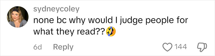 Comment dismissing book judgments with laughing emoji, highlighting perspectives on judging people by their books. Comment dismissing book judgments with laughing emoji, highlighting perspectives on judging people by their books.