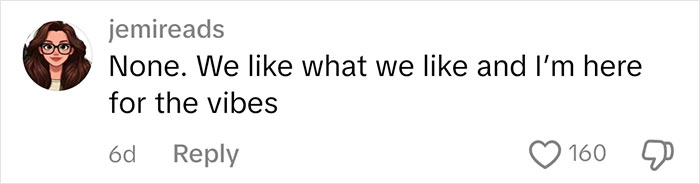 Comment by jemireads stating preferences for book choices, with 160 likes. Comment by jemireads stating preferences for book choices, with 160 likes.