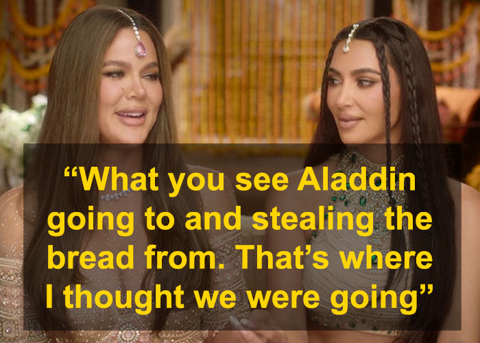 Kim Kardashian and another woman in traditional attire, discussing misconceptions about India compared to Disney's Aladdin. Kim Kardashian and another woman in traditional attire, discussing misconceptions about India compared to Disney's Aladdin.