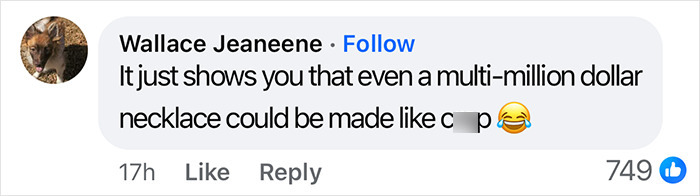 Social media comment criticizing a necklace's quality with laughter emoji, relating to Kim Kardashian's diamond incident. Social media comment criticizing a necklace's quality with laughter emoji, relating to Kim Kardashian's diamond incident.