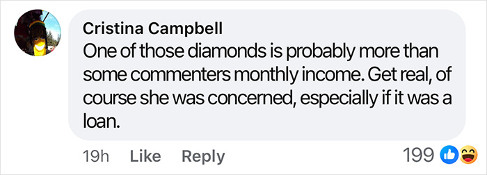 Comment discussing Kim Kardashian's diamond, mentioning concern over its value compared to income. Comment discussing Kim Kardashian's diamond, mentioning concern over its value compared to income.