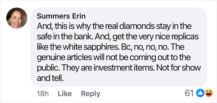 Comment discusses diamonds as investments and suggests using replicas. Comment discusses diamonds as investments and suggests using replicas.