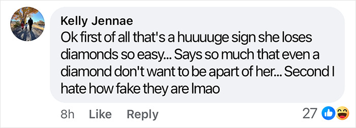 Comment criticizing Kim Kardashian for allegedly faking losing a diamond for publicity. Comment criticizing Kim Kardashian for allegedly faking losing a diamond for publicity.