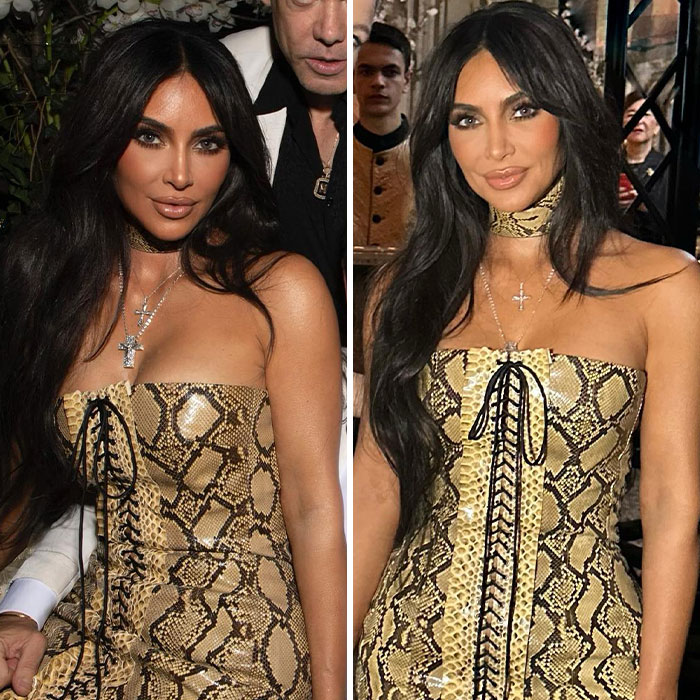 Woman in a snake-print strapless dress with long dark hair, posing indoors. Woman in a snake-print strapless dress with long dark hair, posing indoors.