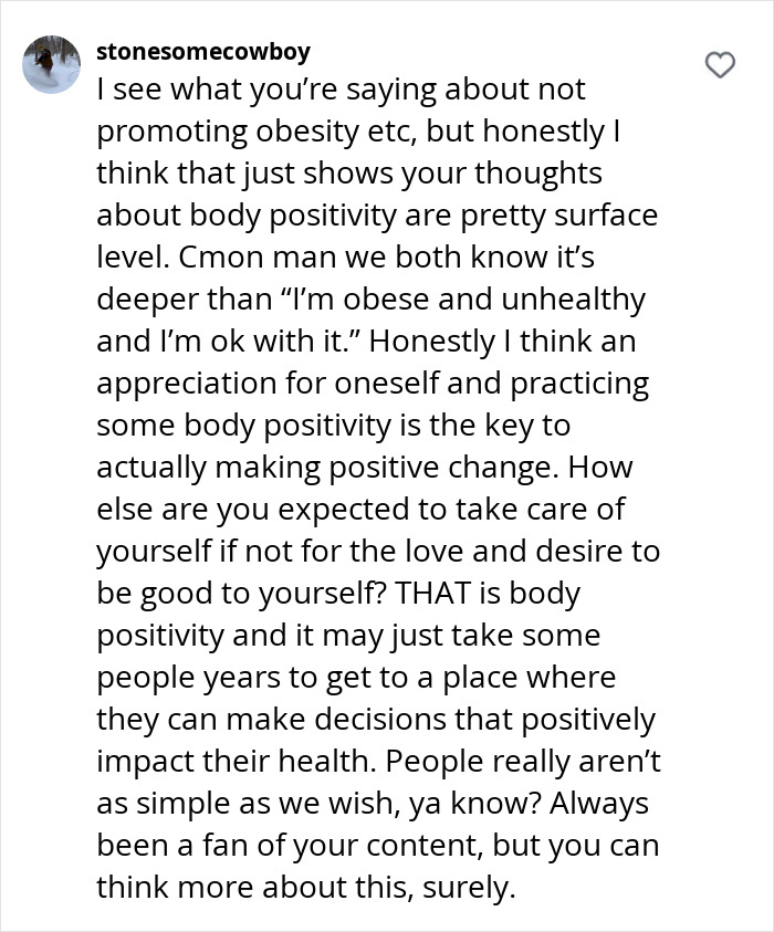 Comment discussing obesity and body positivity on Instagram, encouraging self-appreciation and positive change. Comment discussing obesity and body positivity on Instagram, encouraging self-appreciation and positive change.