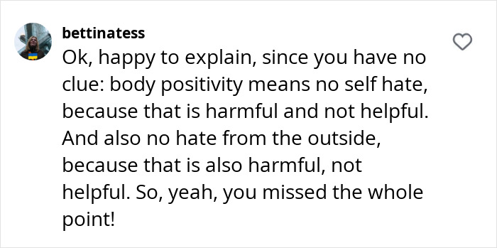 Instagram comment about body positivity and self-love, emphasizing acceptance and rejecting hate related to obesity. Instagram comment about body positivity and self-love, emphasizing acceptance and rejecting hate related to obesity.