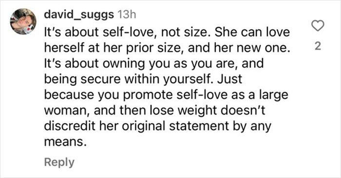 Comment discussing self-love, body positivity, and weight loss related to obesity. Comment discussing self-love, body positivity, and weight loss related to obesity.