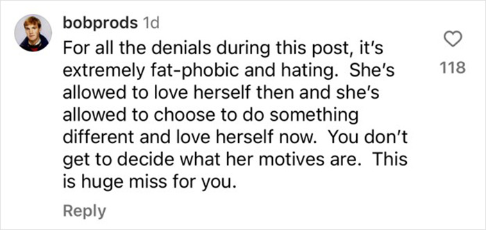 Social media comment discussing obesity acceptance and personal choice regarding weight loss. Social media comment discussing obesity acceptance and personal choice regarding weight loss.