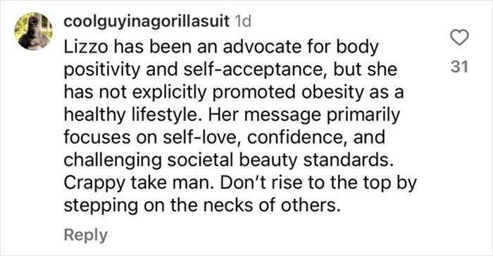 Lizzo's support for body positivity contrasted with critique on promoting obesity in an Instagram comment. Lizzo's support for body positivity contrasted with critique on promoting obesity in an Instagram comment.