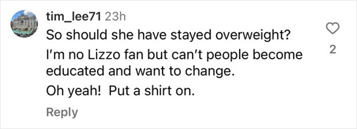 Comment discussing obesity and weight loss related to Lizzo. Comment discussing obesity and weight loss related to Lizzo.