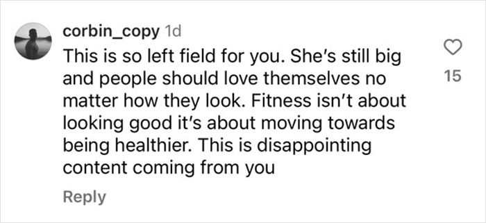 Instagram comment discussing obesity and fitness, emphasizing self-love and health over appearance. Instagram comment discussing obesity and fitness, emphasizing self-love and health over appearance.