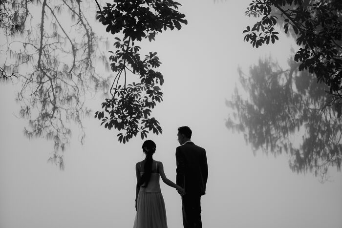 Couple holding hands, silhouetted against a foggy backdrop with tree branches, embodying top engagement photo trends.