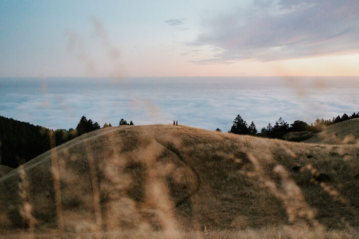 Silhouetted couple on a grassy hill at sunset, featured in the best engagement photos of 2025.