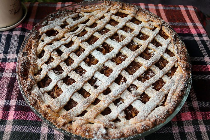 Pie with lattice crust and powdered sugar on a plaid cloth, highlighting emotional love story theme. Pie with lattice crust and powdered sugar on a plaid cloth, highlighting emotional love story theme.