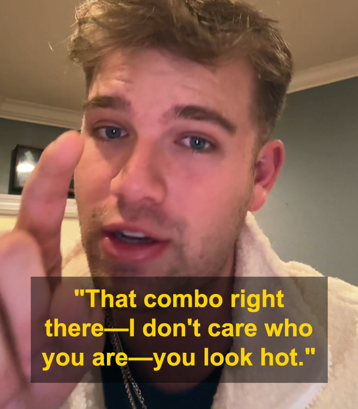 Man debating on the hottest outfit for women, pointing with a serious expression. Man debating on the hottest outfit for women, pointing with a serious expression.