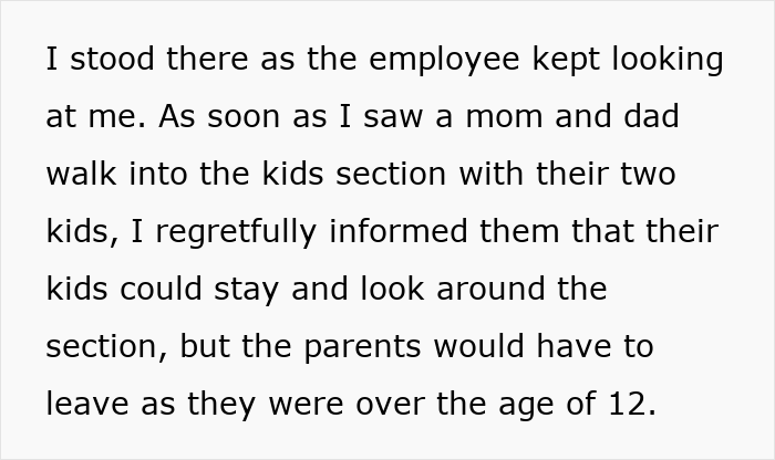 Text about a bookstore clerk excluding adults from the children's section due to age restrictions. Text about a bookstore clerk excluding adults from the children's section due to age restrictions.