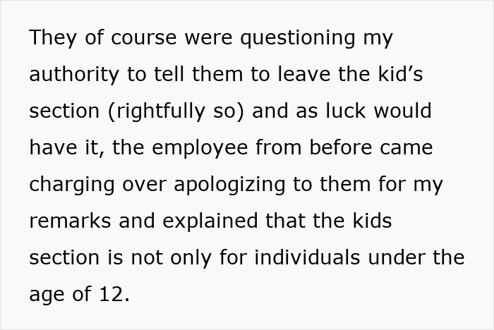 Bookstore clerk discusses kicking out a 19-year-old from children's section; apology follows misunderstanding. Bookstore clerk discusses kicking out a 19-year-old from children's section; apology follows misunderstanding.