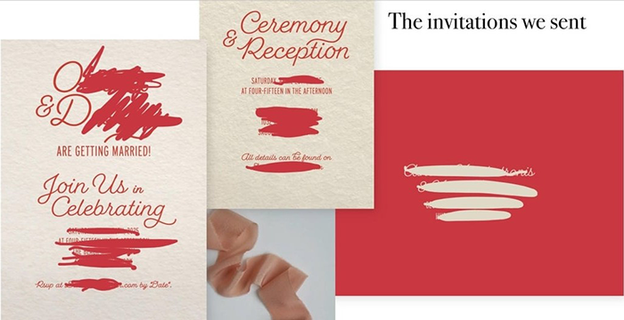 Wedding invitations showcasing elegant designs with red lettering and decorative elements. Wedding invitations showcasing elegant designs with red lettering and decorative elements.