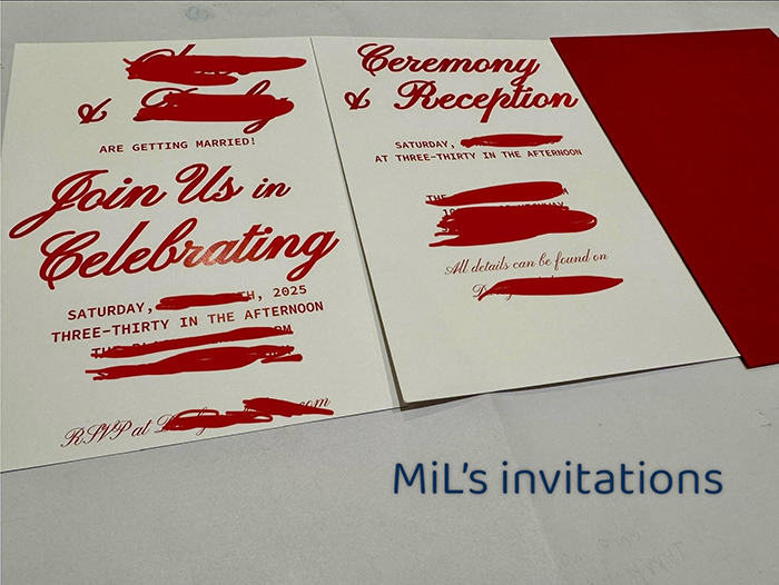 Red and white wedding invitations for a ceremony and reception, highlighting MiL expectations. Red and white wedding invitations for a ceremony and reception, highlighting MiL expectations.