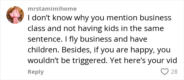 Comment discussing business class, child-free life, and personal happiness. Comment discussing business class, child-free life, and personal happiness.