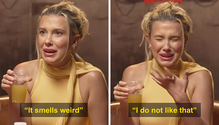 Young woman reacting with displeasure, holding a drink, amid controversial interviews with Brazilians. Young woman reacting with displeasure, holding a drink, amid controversial interviews with Brazilians.