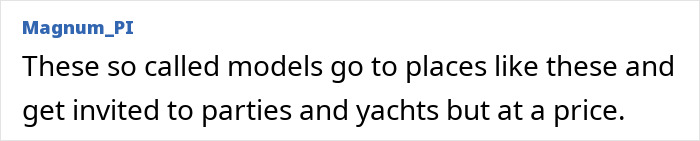 Comment about models in Dubai, highlighting risks faced at parties and yachts. Comment about models in Dubai, highlighting risks faced at parties and yachts.
