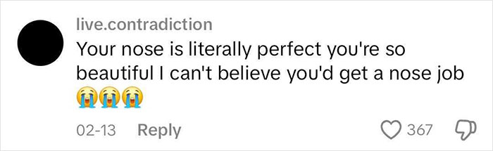 A comment praises a woman's appearance, questioning her rhinoplasty decision, amid online discussions about cosmetic surgery. A comment praises a woman's appearance, questioning her rhinoplasty decision, amid online discussions about cosmetic surgery.