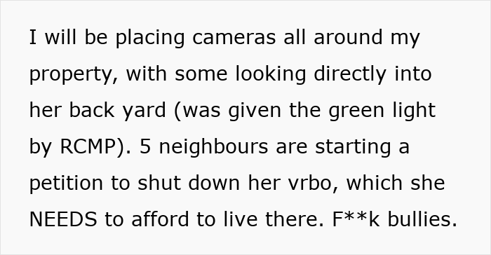 Text from a story about a neighbor's cameras and a petition to shut down a VRBO due to concerns. Text from a story about a neighbor's cameras and a petition to shut down a VRBO due to concerns.