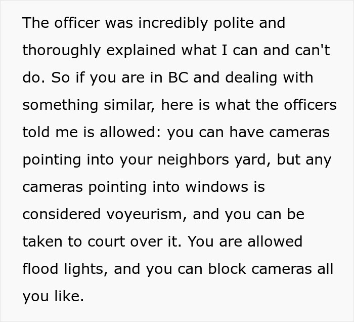 Text explaining legal boundaries for neighbor pointing cameras at windows. Text explaining legal boundaries for neighbor pointing cameras at windows.