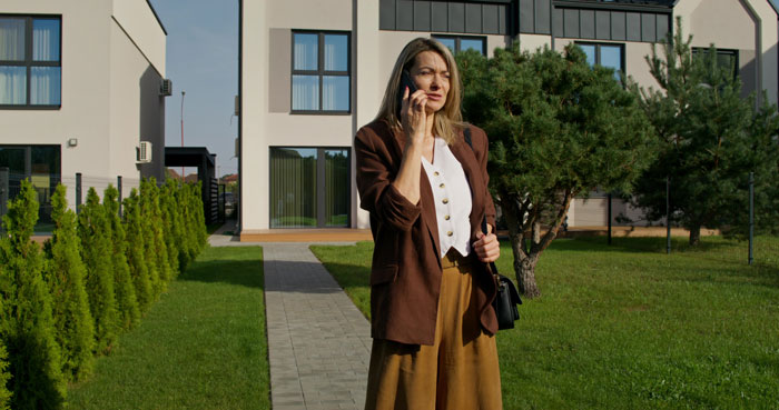 Woman standing outside modern building, phone in hand, discussing her son's potential as a catch for the neighbor. Woman standing outside modern building, phone in hand, discussing her son's potential as a catch for the neighbor.