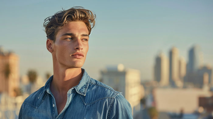 Young man in a denim shirt looking sideways, with a cityscape in the background, on a sunny day. Young man in a denim shirt looking sideways, with a cityscape in the background, on a sunny day.