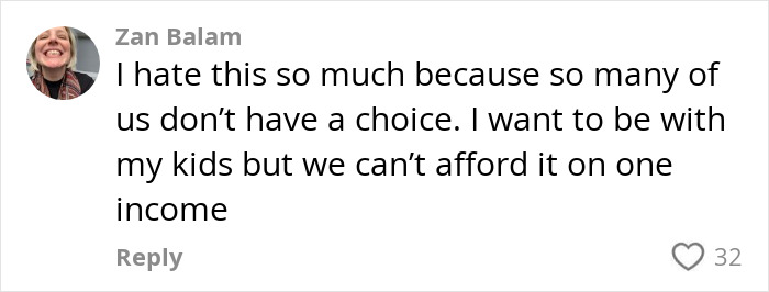 Comment discussing challenges of daycare for young kids and financial constraints. Comment discussing challenges of daycare for young kids and financial constraints.