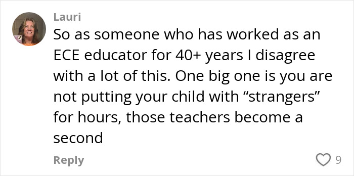 Lauri's comment discusses children in daycare, highlighting educators' role after 40 years in early childhood education. Lauri's comment discusses children in daycare, highlighting educators' role after 40 years in early childhood education.