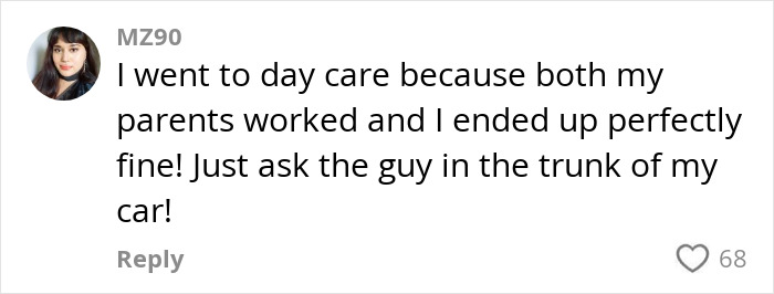 Comment humorously discussing effects of young kids in daycare, featuring user profile photo and love count. Comment humorously discussing effects of young kids in daycare, featuring user profile photo and love count.