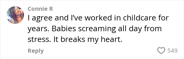 Childcare expert comment on daycare stress, expressing concern for baby welfare. Childcare expert comment on daycare stress, expressing concern for baby welfare.
