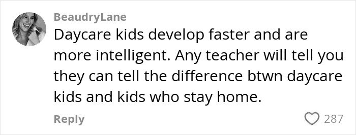 Comment discussing daycare and child development differences among young kids. Comment discussing daycare and child development differences among young kids.