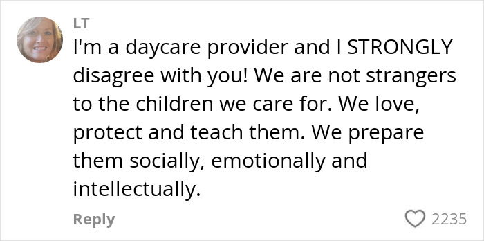 Daycare provider emphasizes emotional and intellectual care for young kids, responding to parenting concerns. Daycare provider emphasizes emotional and intellectual care for young kids, responding to parenting concerns.