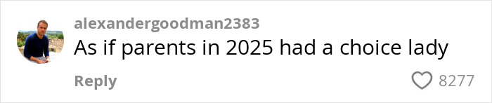Comment questioning daycare choices for parents in 2025, with 8277 likes. Comment questioning daycare choices for parents in 2025, with 8277 likes.