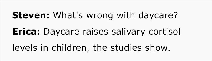 Text exchange about daycare's effect on children's cortisol levels. Text exchange about daycare's effect on children's cortisol levels.