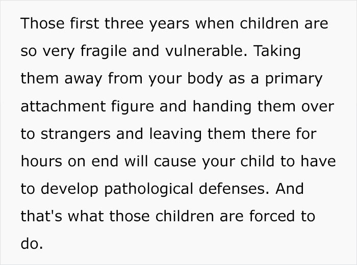 Text about young children being fragile and vulnerable, discussing concerns with early daycare placement. Text about young children being fragile and vulnerable, discussing concerns with early daycare placement.