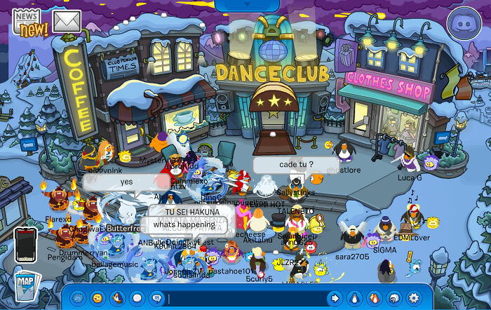 Penguins gather in a virtual snow-covered town with a dance club, depicting gradually disappeared things.