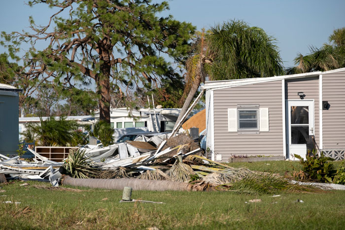 Hurricane aftermath with damaged home and fallen trees, illustrating destruction related to heirloom dolls. Hurricane aftermath with damaged home and fallen trees, illustrating destruction related to heirloom dolls.