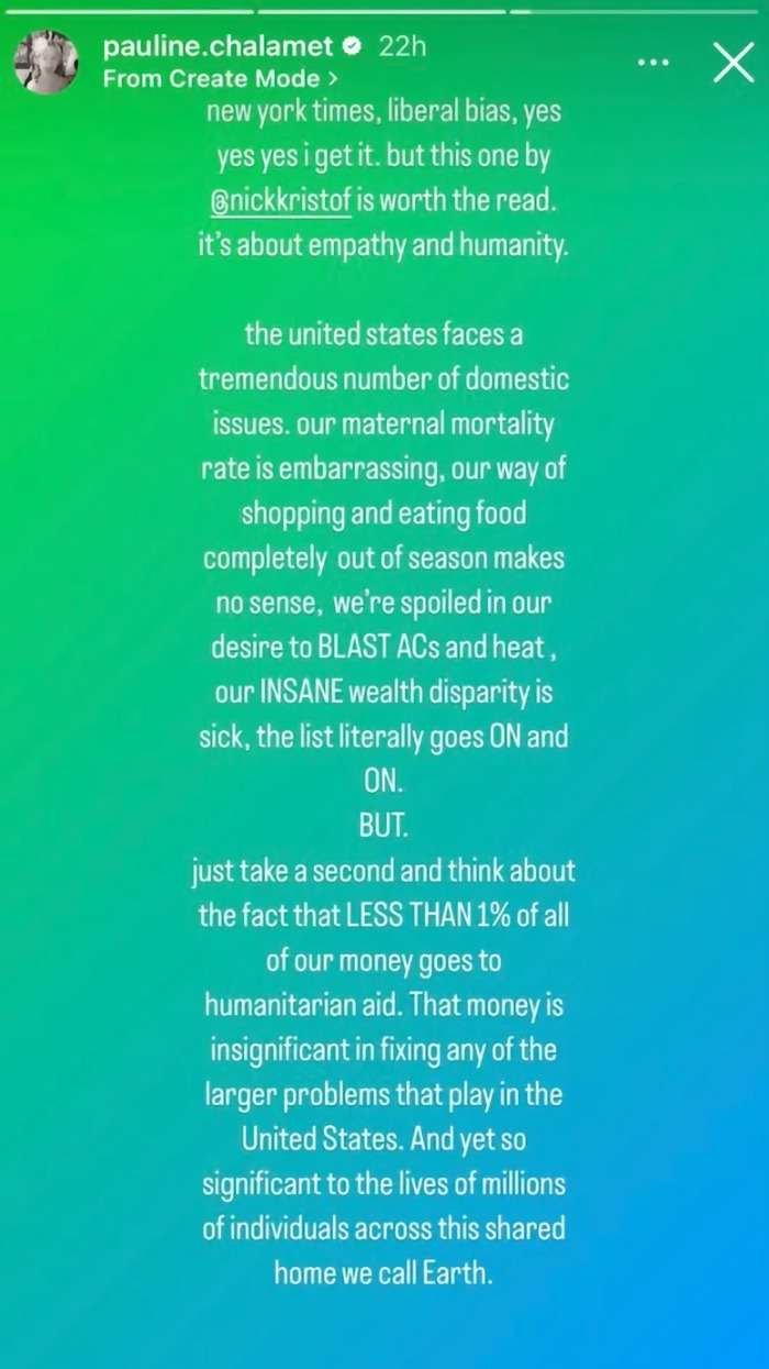 Text post from Timothée Chalamet's sister discussing domestic issues and wealth disparity in the U.S. Text post from Timothée Chalamet's sister discussing domestic issues and wealth disparity in the U.S.