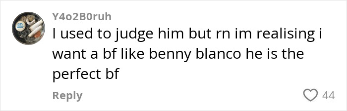 Comment praising Benny Blanco despite fans being disgusted by his shower habit. Comment praising Benny Blanco despite fans being disgusted by his shower habit.